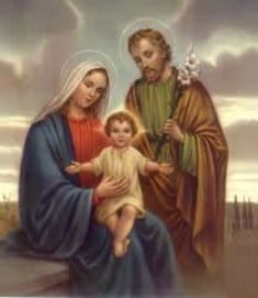 Devotional painting of the Holy Family: Mary, the child Jesus, and Joseph holding a lily staff.