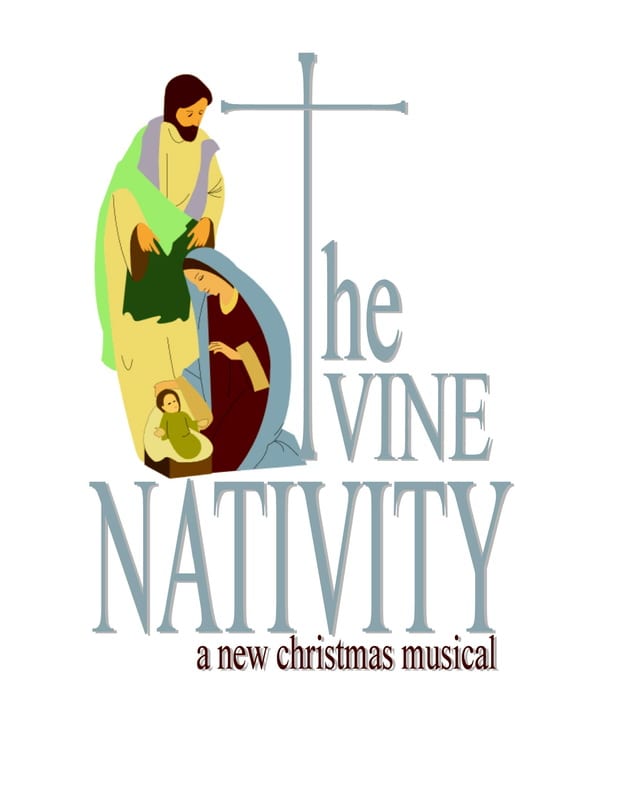 Illustrated logo for a Christmas musical titled ‘The Divine Nativity,’ showing stylized figures of Mary, Joseph, and the Christ Child beneath a large cross.