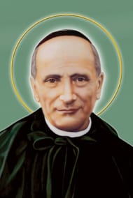 Painted holy card of Saint Annibale Maria Di Francia in black clerical dress with a gold halo.