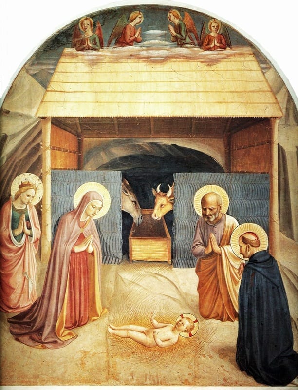 Fra Angelico’s Nativity fresco showing the Christ Child lying on the ground before a stable, with the Virgin Mary, Saint Joseph, an angel, a kneeling Dominican friar, an ox, and a donkey; four singing angels appear above.