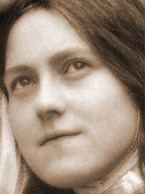 Sepia close-up photograph of Saint Thérèse of Lisieux as a young woman, face turned slightly, dark clothing.