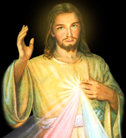 Devotional image of the Divine Mercy, showing Jesus in white robes with red and white rays streaming from his heart, one hand raised in blessing.