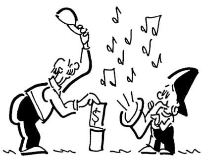 Black-and-white cartoon illustration of two street musicians, one playing a cup as a drum and the other reacting with arms raised while musical notes float around them.