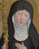 Painting of Saint Scholastica in a black Benedictine habit and blue veil, eyes downcast, hands folded over her heart, holding a golden staff.