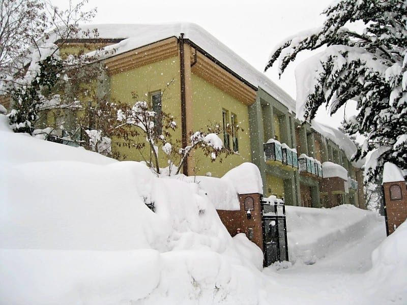 A yellow three-storey building almost entirely buried by deep snow drifts, with heavily laden tree branches in the foreground.
