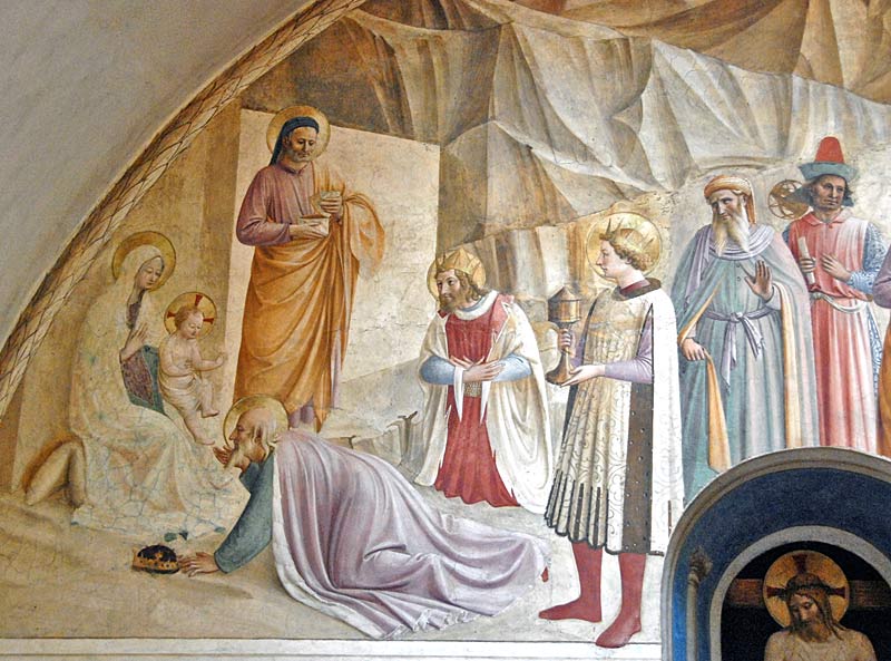 Fra Angelico’s Adoration of the Magi fresco from San Marco, Florence, showing the Magi and their retinue presenting gifts to the Christ Child and the Virgin Mary, with a kneeling king at her feet.