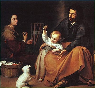 Oil painting of the Holy Family at rest: a woman and bearded man seated together with a small child between them, a white dog at their feet, and a spinning wheel in the background.