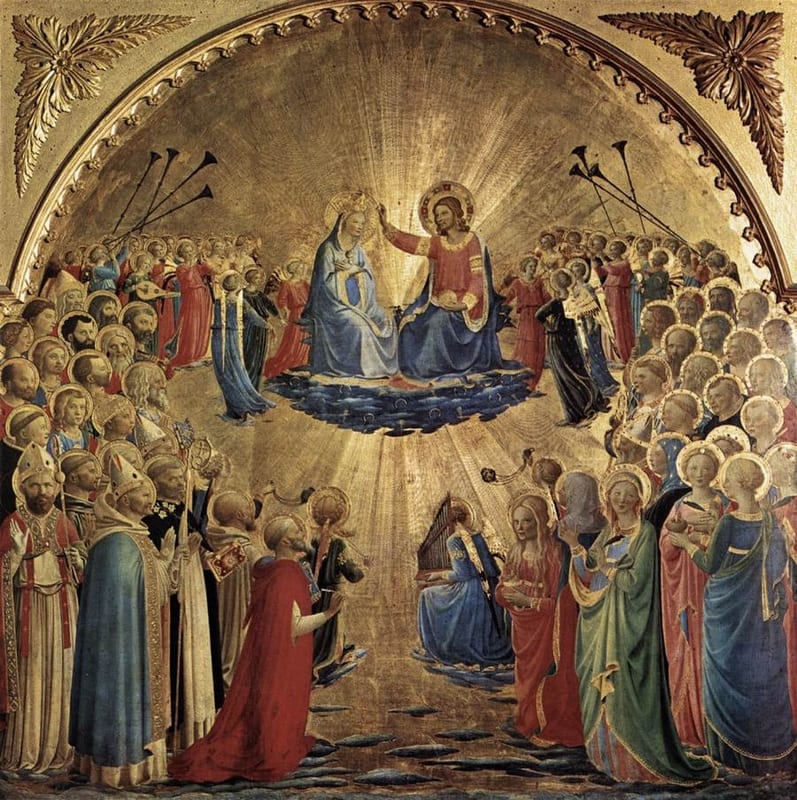 Fra Angelico’s gilded altarpiece panel depicting the Coronation of the Virgin by Christ, surrounded by a vast assembly of saints and angels in a gold heavenly setting.