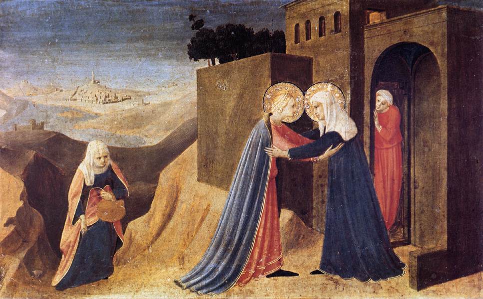 Fra Angelico’s panel painting of the Visitation: the Virgin Mary and Saint Elizabeth greeting each other with golden halos, a hilly landscape and town in the background.