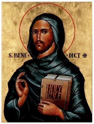 Icon of Saint Benedict of Nursia in dark monastic robes, holding a book labeled "Holy Rule", inscribed "S. Benedict".