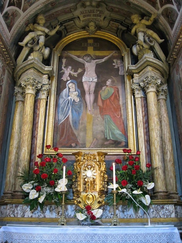 A side-altar altarpiece depicting the Crucifixion with the Virgin and saints, framed by gilded columns and banked with red carnations.
