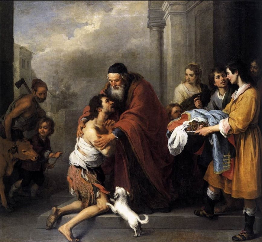 Baroque oil painting depicting the return of the Prodigal Son: an elderly father in red embraces his ragged son while onlookers, servants, and a small dog surround them.