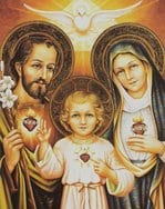 Devotional painting of the Holy Family showing the Sacred Heart of Jesus, the Immaculate Heart of Mary, and the Heart of Saint Joseph with a dove above.