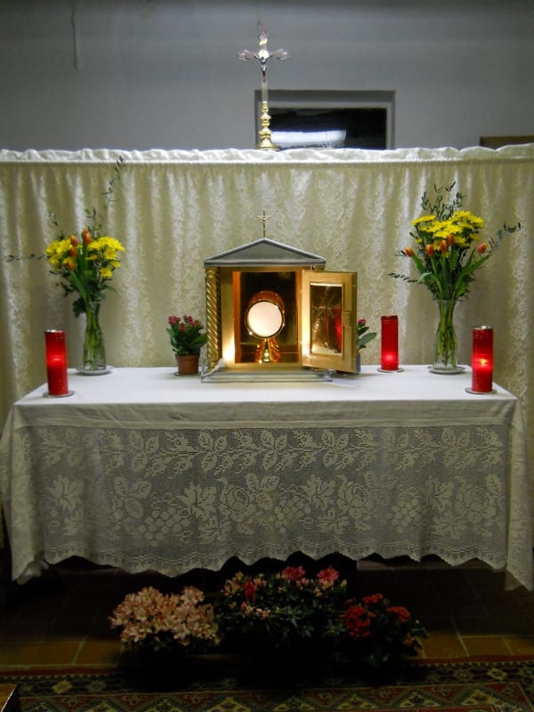 A simply decorated chapel altar with a tabernacle, yellow flower arrangements in vases, red candles, and a lace-trimmed white cloth.