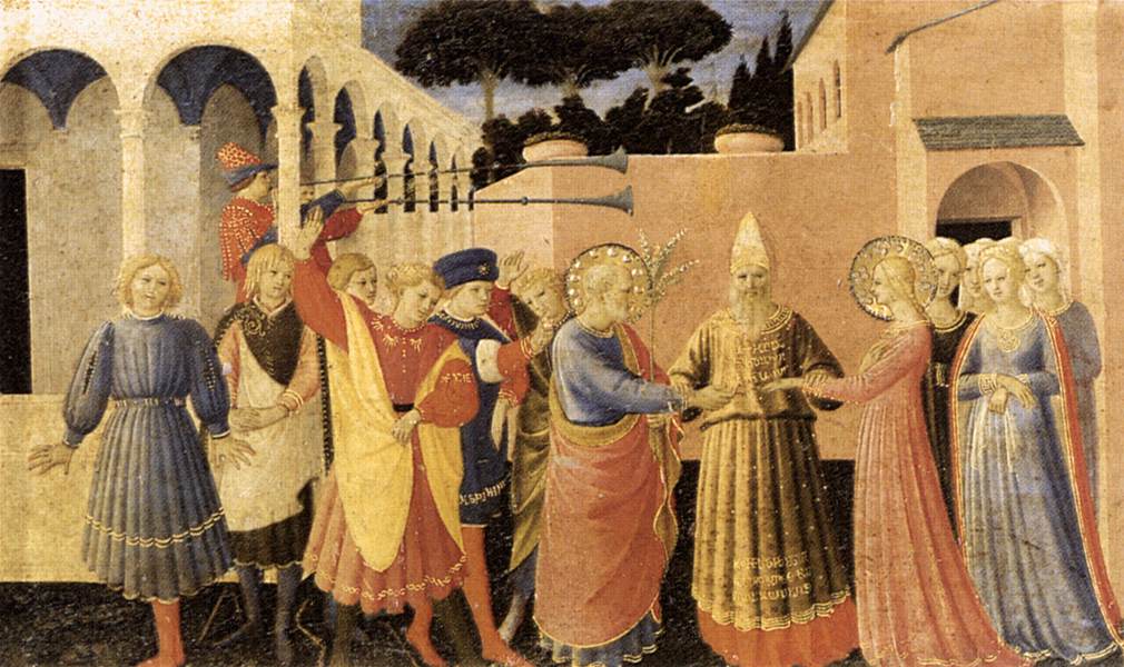 Fra Angelico’s predella panel of a ceremonial procession with musicians, courtiers, and haloed figures exchanging what appears to be a ring or object before an archway.