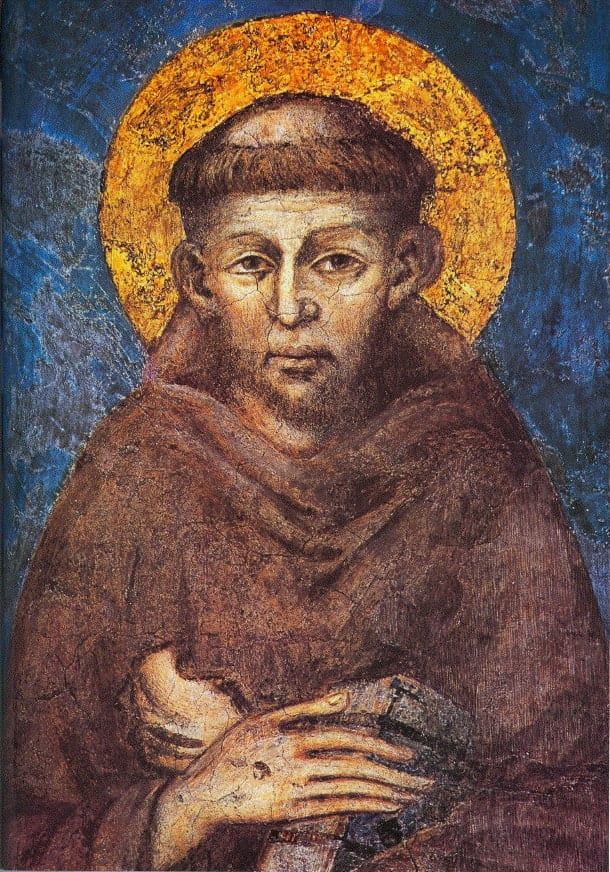 Full view of Cimabue’s painted portrait of Saint Francis of Assisi in brown Franciscan habit, hands bearing stigmata, golden halo on deep blue ground.