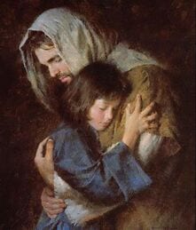 Devotional painting of Jesus in a white and brown robe, gently holding a child who leans against him.