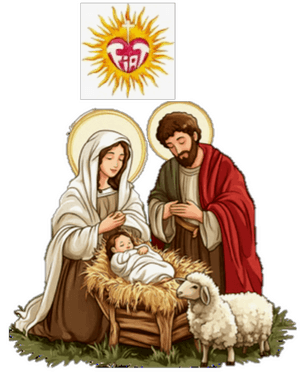 Illustrated nativity scene with Mary, Joseph, and the infant Jesus in a manger, flanked by a lamb, with a small community logo above.