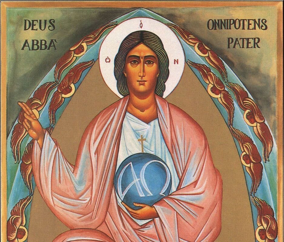 Icon of God the Eternal Father enthroned, raising one hand in blessing and holding an orb marked with a cross, inscribed “Deus Abba Onnipotens Pater”.