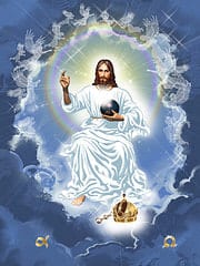 Devotional painting of Christ in white robes enthroned in clouds, raising one hand in blessing and holding a globe, with a crown below.