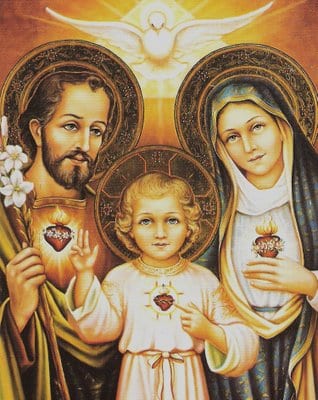 Devotional painting of the Holy Family with haloed Sacred Hearts visible on Jesus, Mary, and Joseph, a white dove above.
