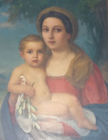 Oil painting of the Madonna and Child: a woman in a red dress and blue veil holds a fair-haired toddler who carries a white lily spray.