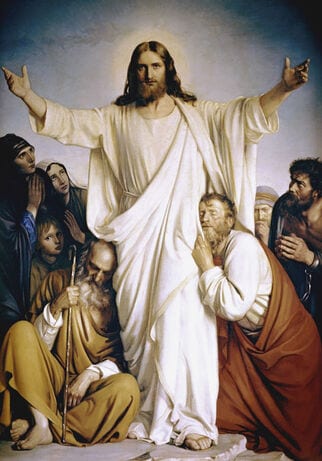 Devotional painting of Jesus in white robes standing with arms raised, surrounded by a crowd of kneeling and standing figures.