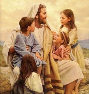 Devotional painting of Jesus seated and smiling as several children gather around him.