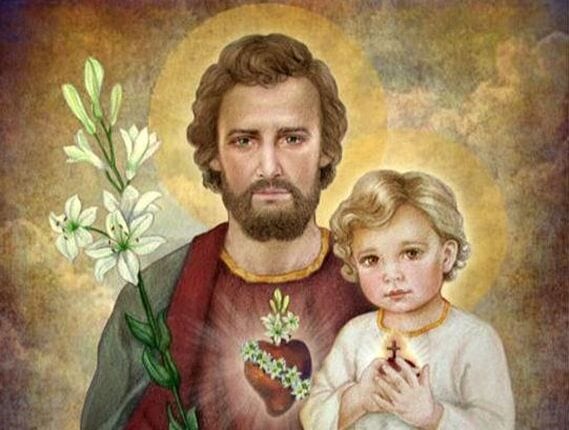 Devotional painting of Saint Joseph holding white lilies and the Child Jesus, both shown with flaming hearts.