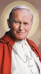 Holy-card style photographic portrait of Saint John Paul II in red papal vestments with a golden halo added.
