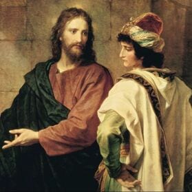 Detail of a painting depicting Jesus and a richly dressed young man in conversation, echoing the Gospel of the rich young ruler.