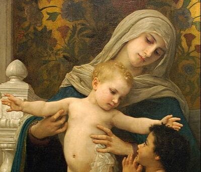 Detail of a classical oil painting of the Madonna holding the standing Christ child, with a third young figure reaching toward him.