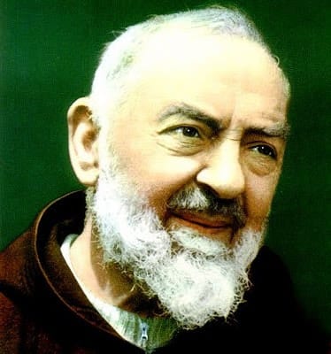 Close-up photograph of Saint Padre Pio in brown Capuchin habit, with white beard, looking directly at the camera.