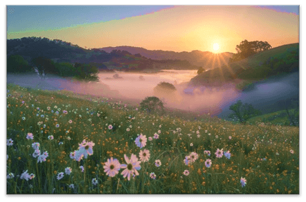 Sunlit meadow of white and yellow wildflowers rolling toward misty hills at sunrise.