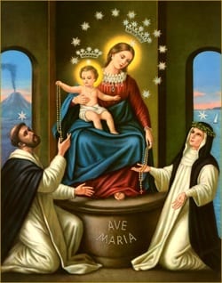 Devotional painting of Our Lady of Pompeii enthroned with the infant Jesus, giving a rosary to Saint Dominic and Saint Catherine, with ‘Ave Maria’ on the base.