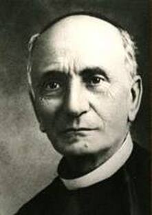 Painted portrait of Saint Annibale Maria Di Francia, an elderly priest in black clerical dress with a halo, against a green background.