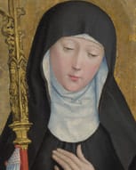 Painting detail of Saint Scholastica in black Benedictine habit and blue-white veil, hands folded, eyes downcast, golden background.