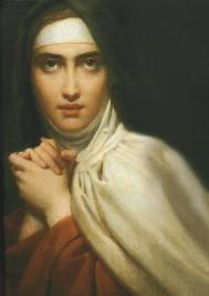 Painted portrait of Saint Teresa of Avila in habit and white veil, hands clasped in prayer.
