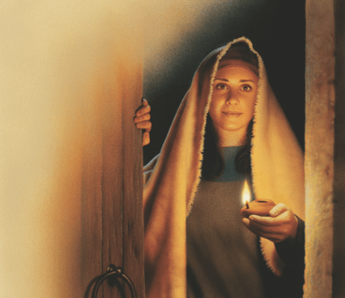 Painting or photograph depicting a young woman in period dress holding a lit oil lamp, peering through a doorway in darkness.